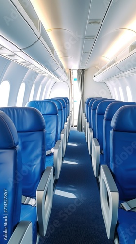 airplane interior with blue seats and a corridor. aero concept, airplanes, air transport, vacation, interior