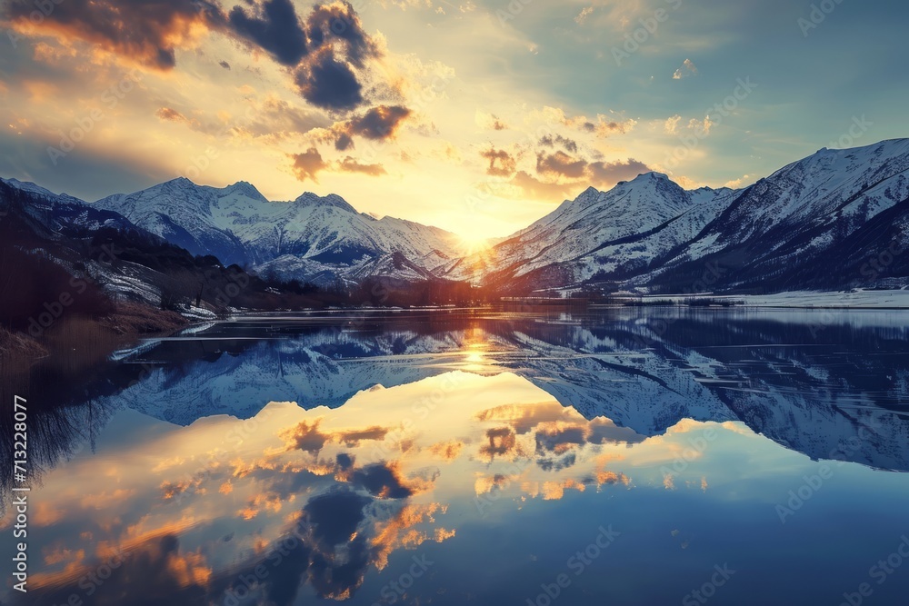 Sunset in the mountains at a calm lake. Generative AI