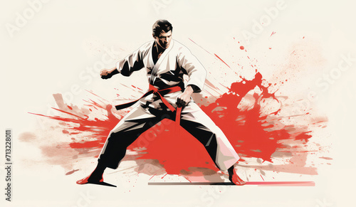 retro and vintage banner illustration with place for text. training one athlete with oriental martial arts in a karate or takwando pose. concept: sport, martial arts, kimono, self-defense
