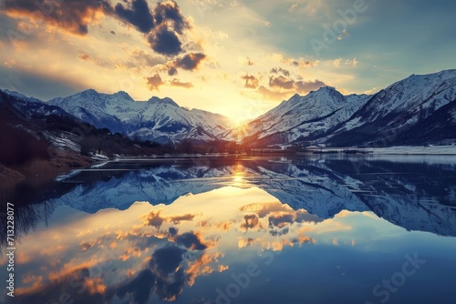 Sunset in the mountains at a calm lake. Generative AI © STOCKAI