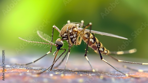 macro photo of a mosquito on human skin. the mosquito bites. insects concept, close up © Aksana
