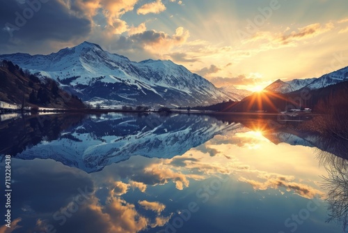 Sunset in the mountains at a calm lake. Generative AI © STOCKAI