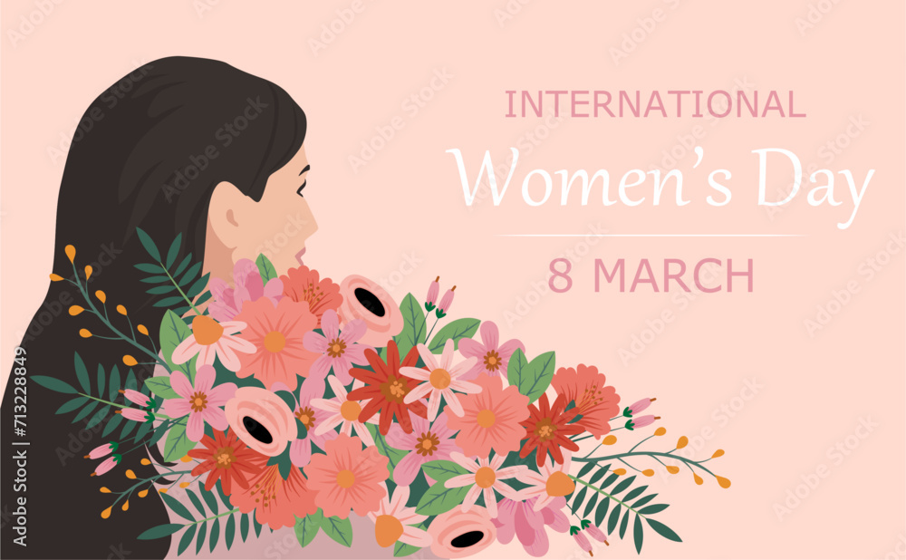 International Women's Day March 8 concept can be used for a template, web, poster, banner, flyer. Illustration of a female head with flowers