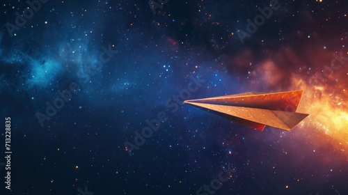 on dark blue background a paper airplane in space flies among the universe and stars. space concept  technology  ideas  creative  airplanes