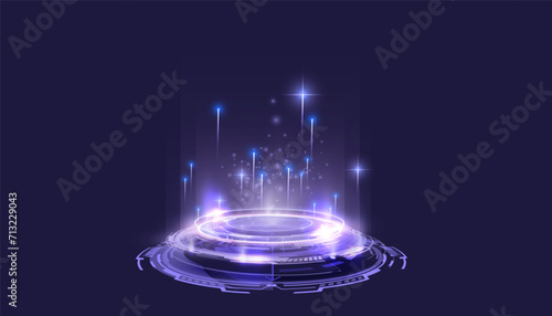 Futuristic Glowing Portal Connect Realms. Magic circle teleport podium with hologram effect. Magic gate in game fantasy. Vector illustration
