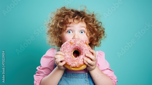 a plump girl eats a large pink donut with appetite. concept diet, sugar, health, nutrition