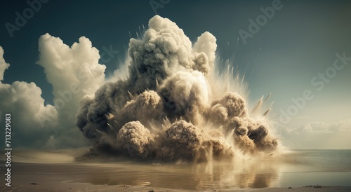 The vast desert sky was filled with smoke and billowing clouds as the ground shook from a massive explosion, sending waves crashing onto the beach and disrupting the tranquil landscape of nature and 