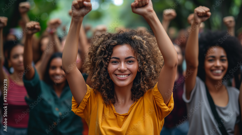 a group of smiling women walk along the street of the park with their hands raised and their hands clenched into fists a group of smiling women walk along the street of the park with their hands raised and their hands clenched into fists