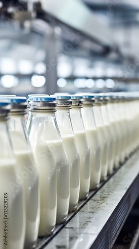 vertical milk production at the factory. ribbon with moving bottles filled with milk. concept: dairy products, production, protein, kefir, fermented baked milk © Aksana