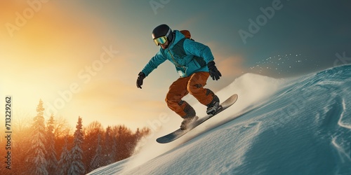 A daring man braves the snowy mountain on his snowboard, effortlessly gliding down the slope in a thrilling display of skill and athleticism in this adrenaline-pumping winter sport photo