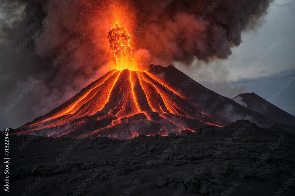 photo of a volcano erupting, releasing hot steam, lava and magma