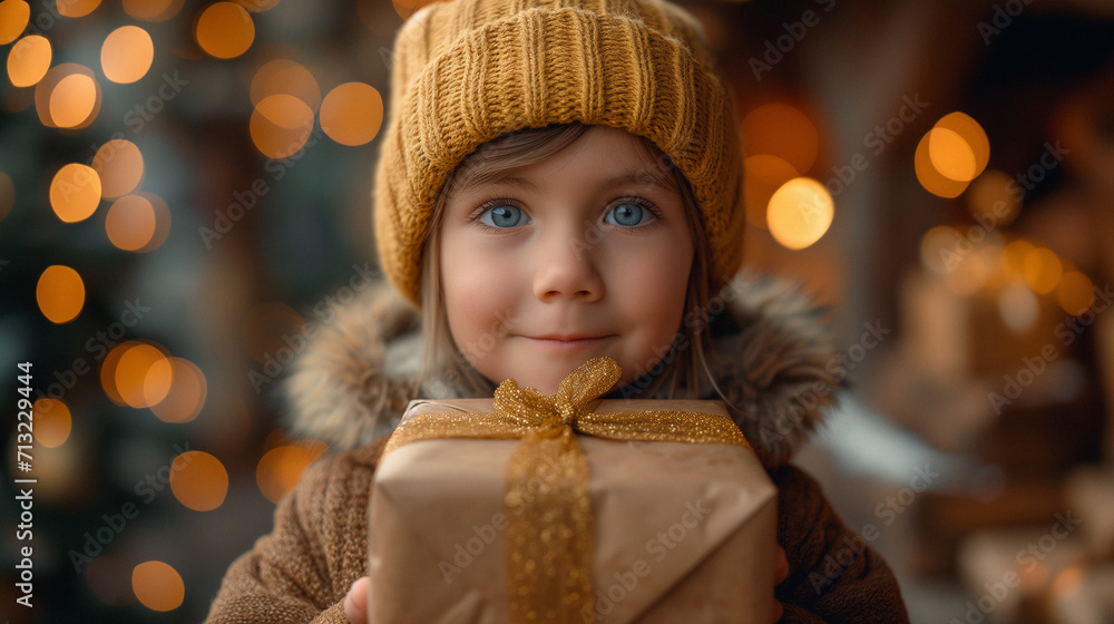 portrait of a cute child in a knitted warm hat holding a wrapped gift near her face with a grateful beautiful look portrait of a cute child in a knitted warm hat holding a wrapped gift near her face with a grateful beautiful look