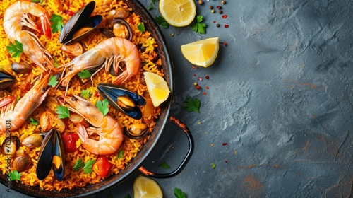 vertical banner spanish paella on a white background top view with space for text. concept food, traditions, seafood, veganism photo