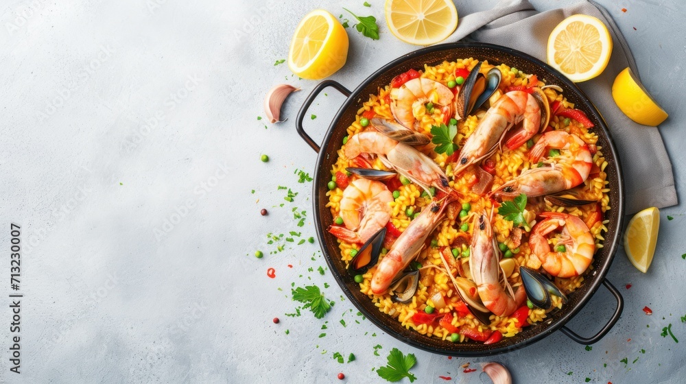 spanish paella on a white background top view with space for text. concept food, traditions, seafood, veganism spanish paella on a white background top view with space for text. concept food, traditions, seafood, veganism