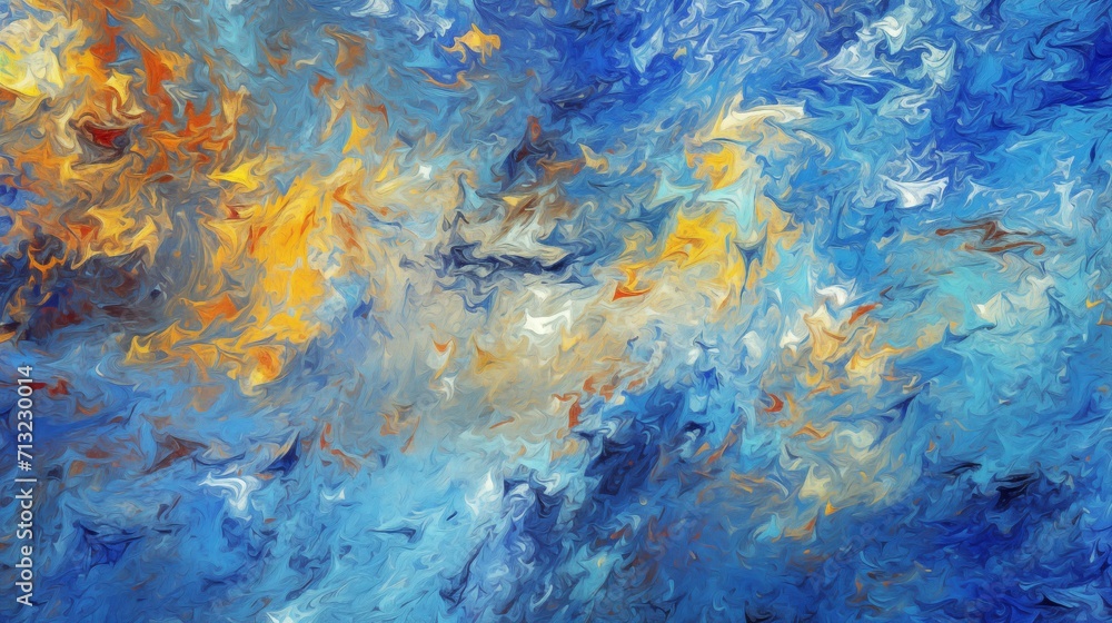 Abstract Blue and Orange Swirls in Fluid Acrylic Painting Texture Background with Light Blue, Dark Yellow, White, and Azure Marble Elements