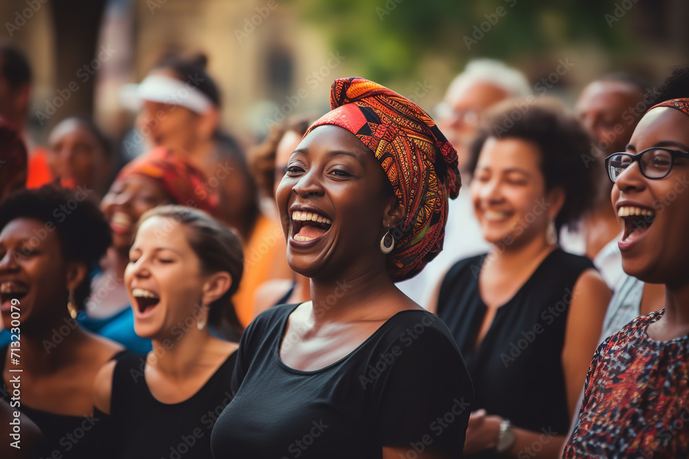 A community choir singing multicultural songs in a public square for Fête de la Musique A community choir singing multicultural songs in a public square for Fête de la Musique