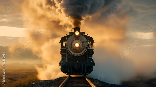 front view of an old steam locomotive at full speed, emitting a lot of smoke and steam.