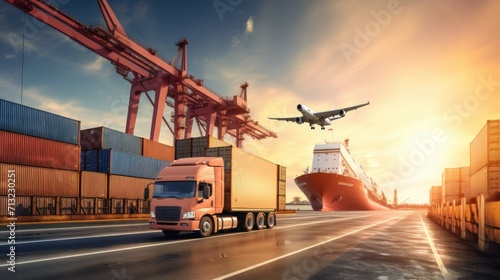 photo of logistics transport plane, ship, truck and cranes for transporting goods. cargo transportation concept, transport message, parcel photo