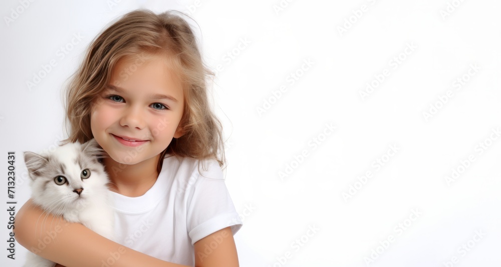 Happy child girl with baby cat isolated over white background Happy child girl with baby cat isolated over white background