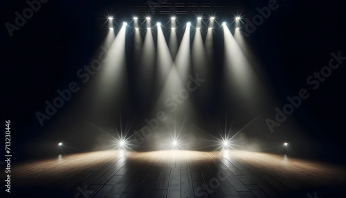 This image depicts a dark stage illuminated by stark beams of light from above and the sides, creating a dramatic and focused setting for a performance.