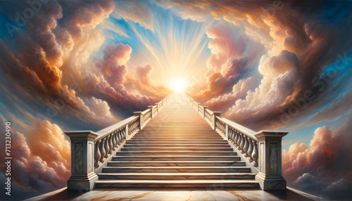 This image depicts a grand, marble staircase ascending towards a radiant sun breaking through dramatic clouds, creating an ethereal and heavenly scene.