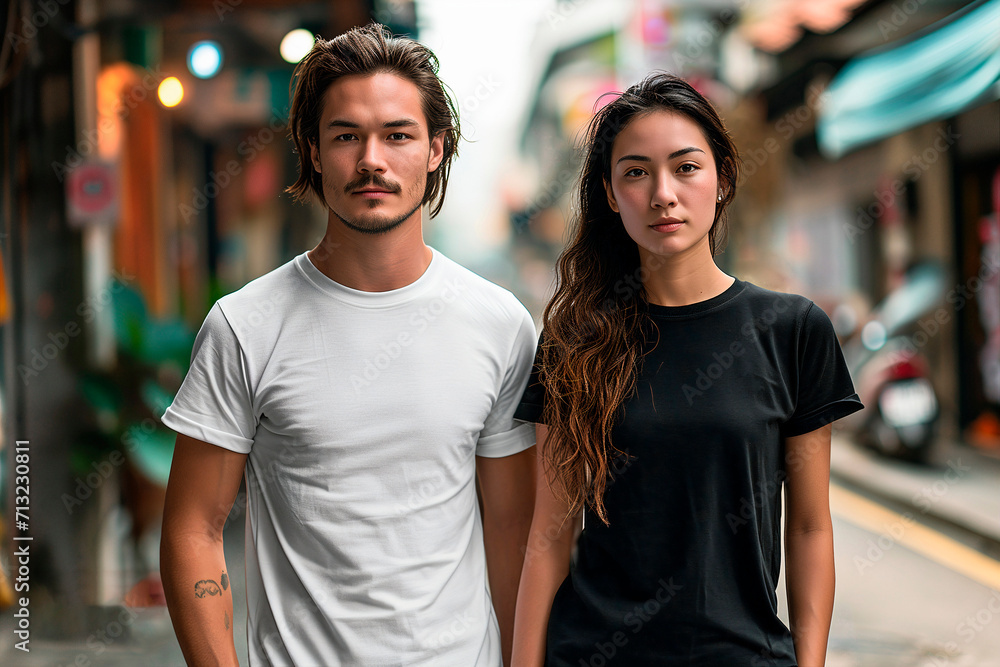 Man and woman wearing blank white and black t-shirt Man and woman wearing blank white and black t-shirt