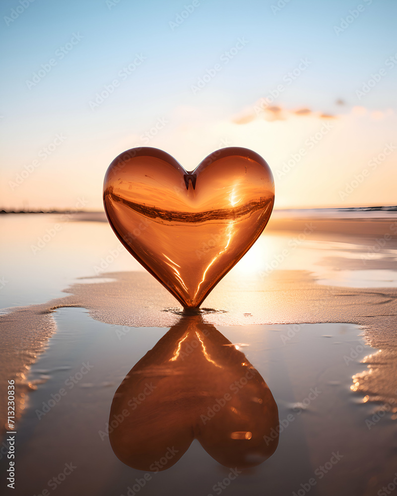 Fototapeta premium Heart shape on the beach at sunset. Love and romance concept.
