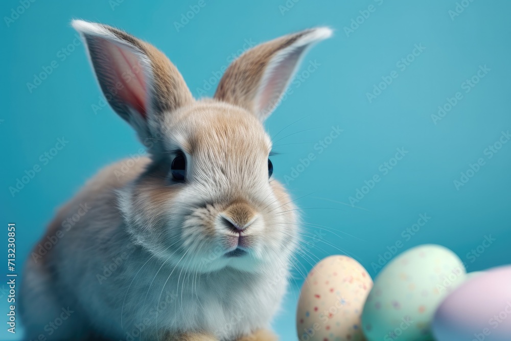 A cute bunny snuggles up to a colorful easter display of eggs, showcasing the playful nature of domestic rabbits and the festive spirit of the holiday A cute bunny snuggles up to a colorful easter display of eggs, showcasing the playful nature of domestic rabbits and the festive spirit of the holiday