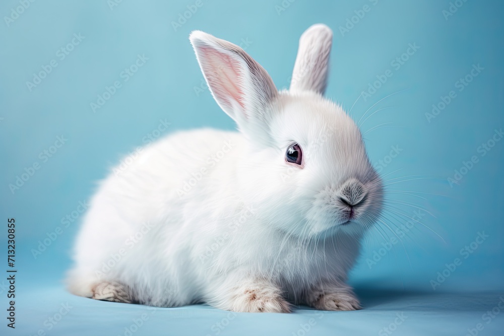 A domestic bunny rabbit sits in the snow, its white fur blending with the blue background, as it contemplates the contrast of its indoor life with its wild hare ancestors