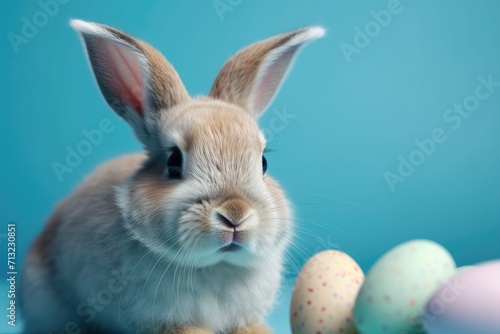 A cute bunny snuggles up to a colorful easter display of eggs, showcasing the playful nature of domestic rabbits and the festive spirit of the holiday © Vladan