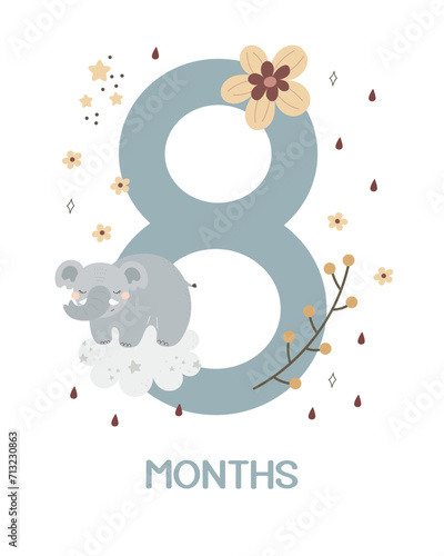 Baby milestone card. Cartoon elephant, number, hand drawing lettering, decor elements. Colorful vector illustration, flat style. design for greeting cards, print, poster