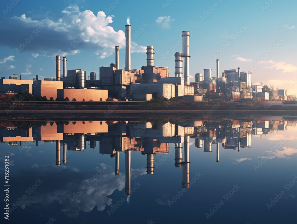 An urban landscape with skyscrapers reflecting off the serene waters, showcasing the beauty of industry.