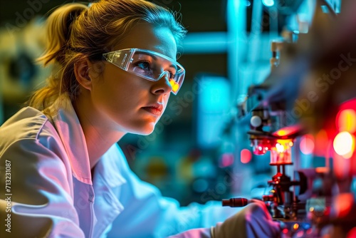 Woman engineer in protective glasses works in aerospace technical department. Young woman succeeds in company conducting aerospace engineering photo