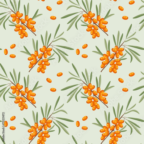 Seamless pattern, sea buckthorn branches and sea buckthorn berries on a light background. Print, background, vector