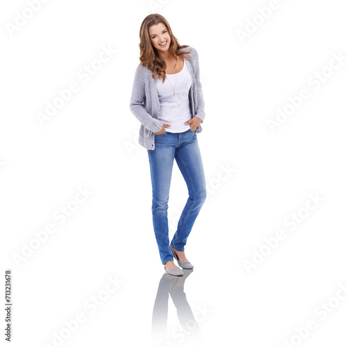 Woman, fashion and pride in studio portrait, smile and happy for casual outfit on white background. Female person, makeup and confident for beauty, full body and winter style clothing on mockup space photo