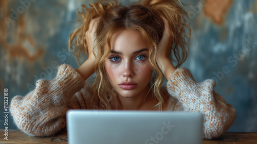 a beautiful blonde girl is sitting at a laptop and holding her hands near her head with a frown of frustration and tiredness