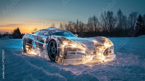 Car covered in ice in the winter forest photo