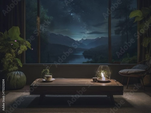 A view of a cup of coffee, candles on the table, with a beautiful view of nature outside the window at night.Seamless looping time-lapse video animation background
 photo