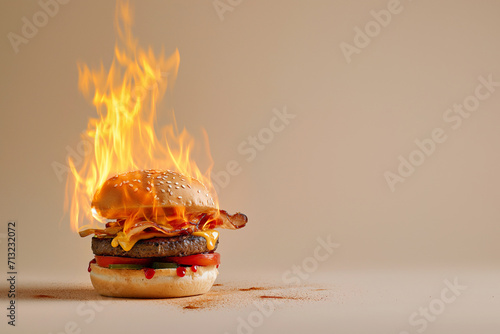 Burning burger, cheeseburger on fire. Hot hamburger in flames, spicy food, burning calories, weight loss and healthy diet concept. Fit motivation, discipline, regime, healthy food choices, burn fat photo