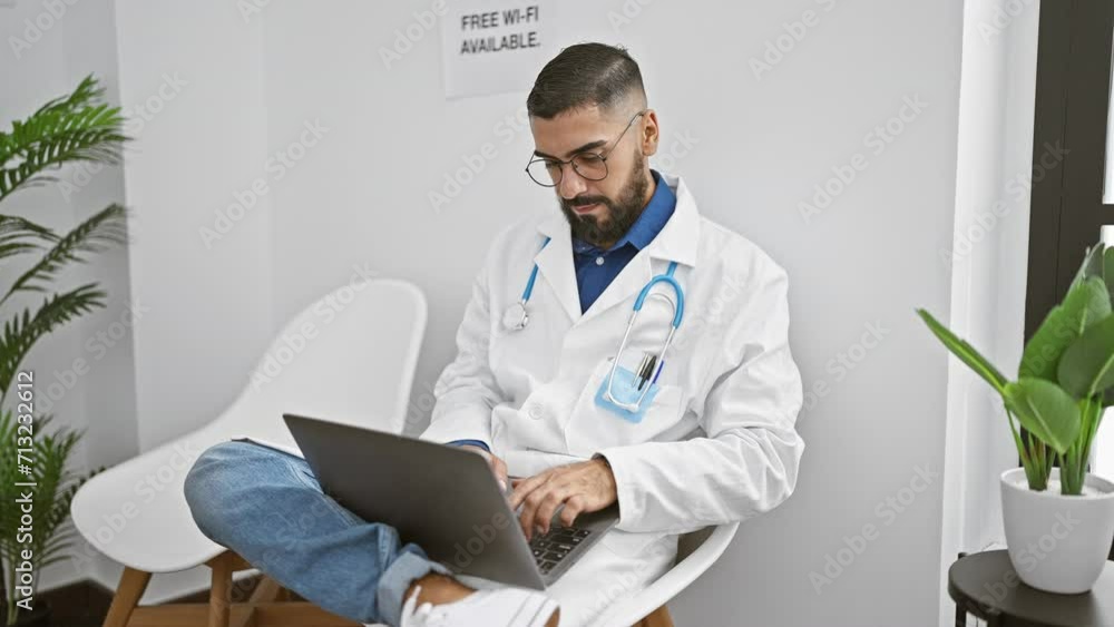 A bearded man in a white lab coat works on a laptop in a modern clinic with plants and free wi-fi sign visible. A bearded man in a white lab coat works on a laptop in a modern clinic with plants and free wi-fi sign visible.