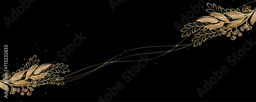 Vector art deco luxury flower, leaves line pattern, golden background. Golden botany banner. Japanese style Hand drawn vector. Line art style design. Hand drawn florals for packaging,coveand wall arts