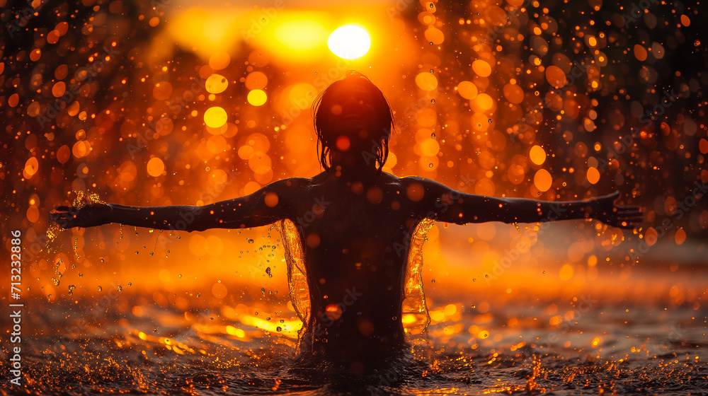 the silhouette of a person standing waist-deep in water under a heavy warm rain and melting his hands to the sides and raising his head up, closing his eyes, enjoying the moment at sunset - obrazy, fototapety, plakaty 