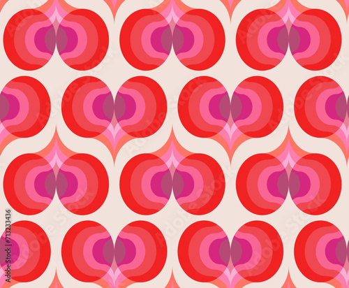 1970 Trippy Psychedelic Hearts Seamless Pattern on Orange, Red Colors. Hand-Drawn Vector Illustration. Seventies Style, Groovy Background, Wallpaper, Print. Flat Design, Hippie Aesthetic.