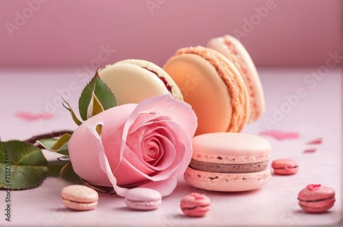Pink peony rose flower and macaroni cookies with color full flowers hearts on empty background Arieal view. 

