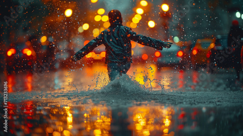 a man running knee-deep in water on a flooded city evening street with his arms at his sides during a downpour