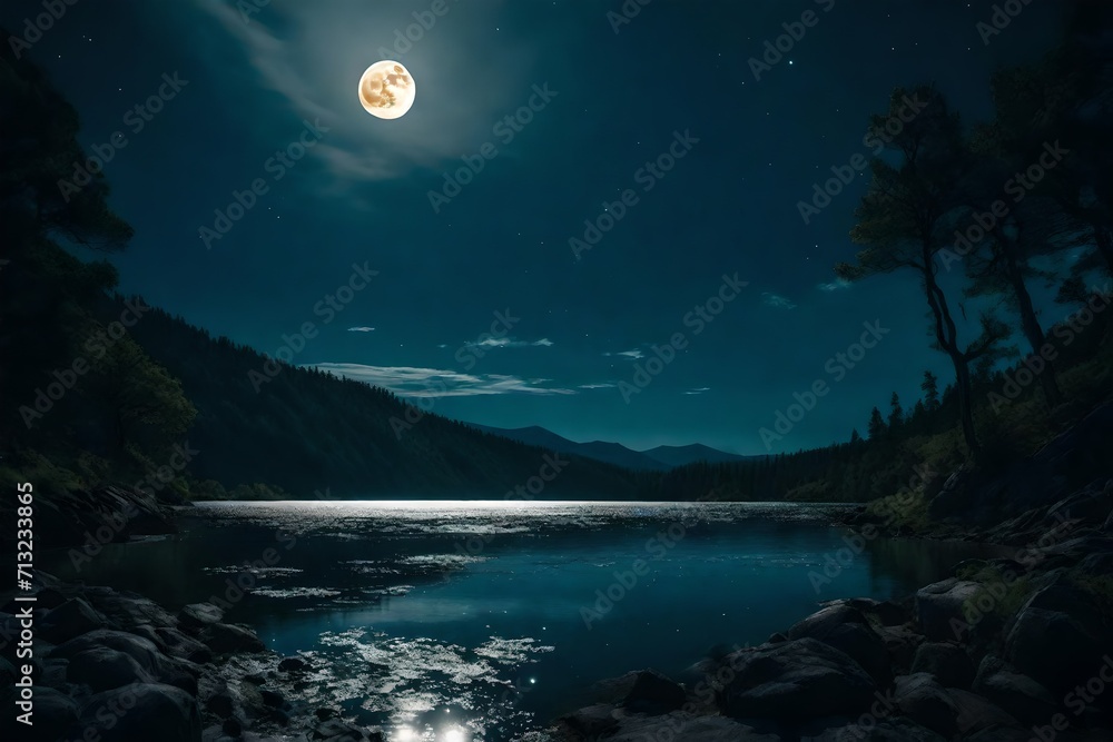 full moon over the mountains and river during midnight full moon over the mountains and river during midnight