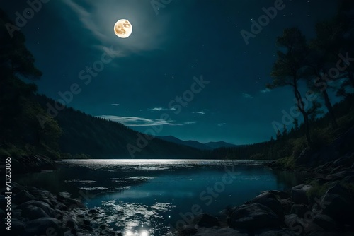 full moon over the mountains and river during midnight