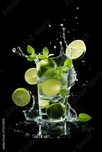 Lemonade with a splash for a refreshing drink isolated on a black background. Drink with a splash.