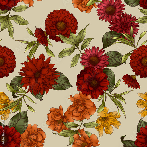 floral seamless pattern with bright botanical flowers