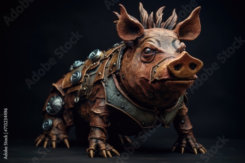 A fierce mammal figure stands tall  embodying strength and playfulness  as a toy statue of a armored pig brings imagination to life